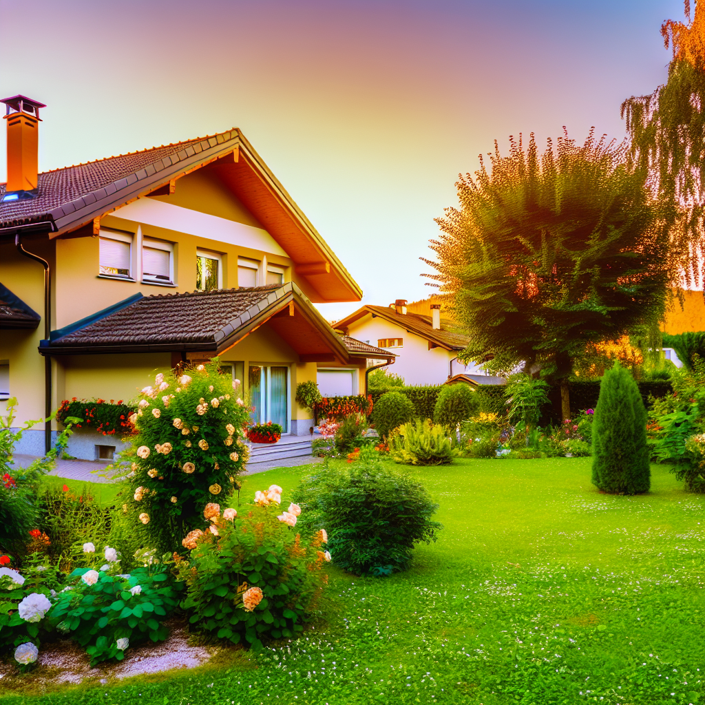 Ein schönes Haus mit einem gepflegten Garten, umgeben von Bäumen und Blumen, bei Sonnenuntergang